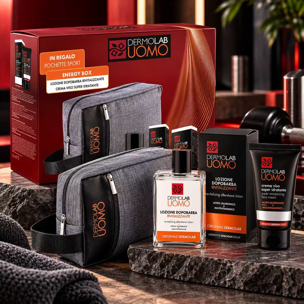 DERMOLAB UOMO ENERGY BOX - Lozione Dopobarba 100 ml + Crema Viso Super Idratante 50 ml + Pochette Sport Omaggio