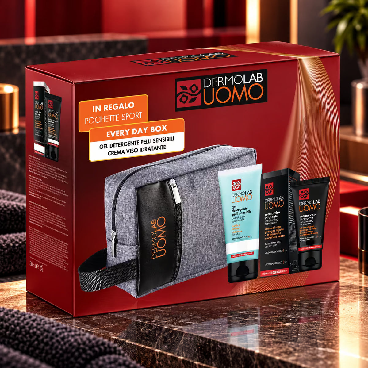 DERMOLAB UOMO EVERY DAY BOX - Gel Detergente Pelli Sensibili 150 ml + Crema Viso Idratante 50 ml + Pochette Sport Omaggio