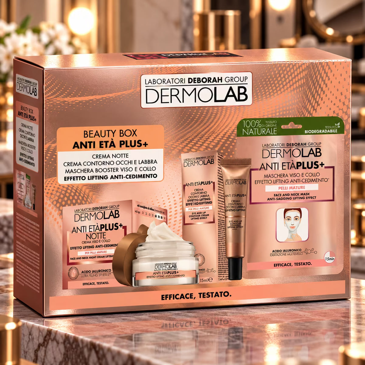 DERMOLAB BEAUTY BOX ANTI ETÀ + | Crema Giorno 50 ml + Contorno Occhi e Labbra 15 ml + Maschera Viso e Collo Effetto Lifting