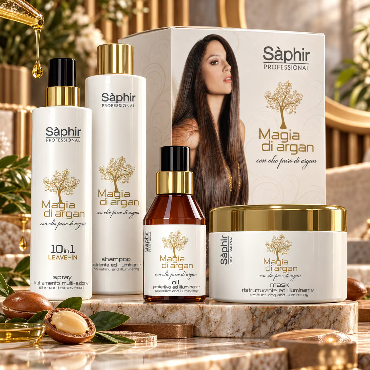 SÁPHIR PROFESSIONAL MAGIA DI ARGAN - Kit Trattamento Capelli 4 Prodotti