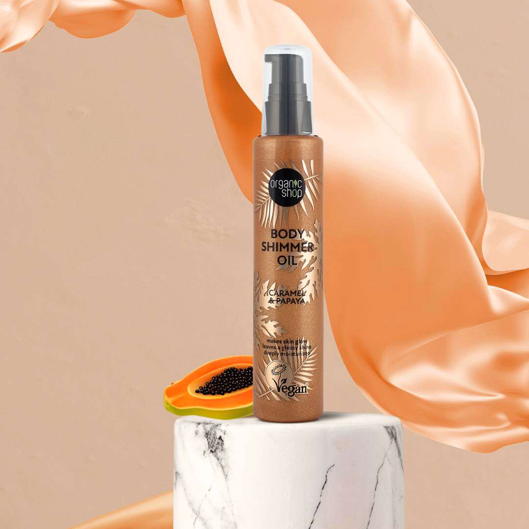 BODY SHIMMER OIL VEGAN | CARAMELLO E PAPAYA - Dona alla pelle un bagliore dorato con un effetto abbagliante