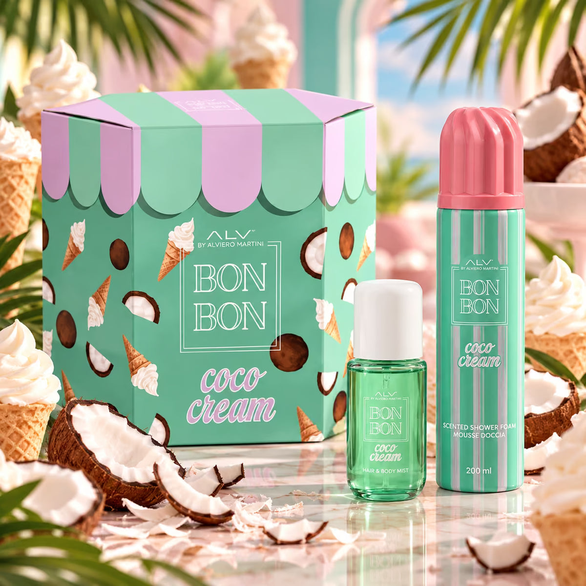 ALV BY ALVIERO MARTINI BON BON COCO CREAM GIFT SET - Mousse Doccia 200ml + Acqua Profumata Corpo & Capelli 100ml