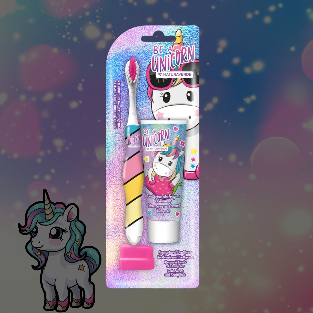 KIT IGIENE DENTALE - Be a Unicorn | Kit Spazzolino + Dentifricio 25ml Fragola & Caramello