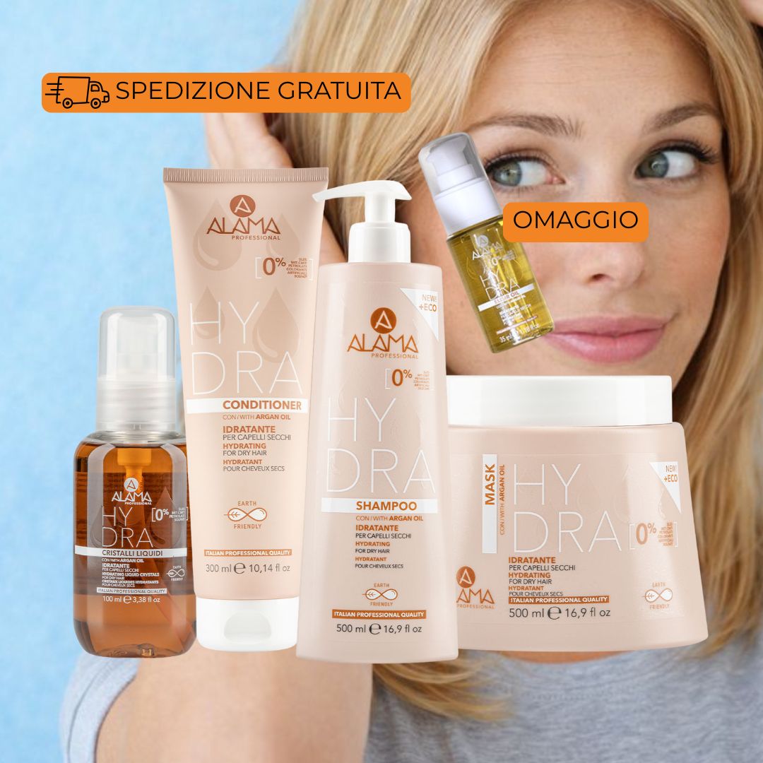 ALAMA PROFESSIONAL HYDRA - Kit Idratante per Capelli Secchi | Shampoo 500ml + Maschera 500ml + Balsamo 300ml + Cristalli Liquidi 100ml + Omaggio
