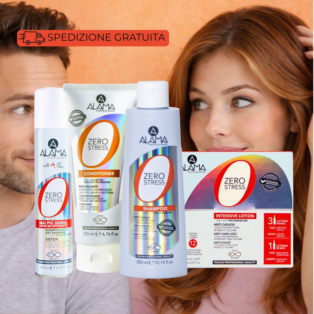 ALAMA PROFESSIONAL ZEROSTRESS - Kit Anticaduta Tutti i Tipi di Capelli | Shampoo 300ml + Balsamo 200ml + Lozione Fiale 12x6ml + Shampoo Secco 200ml