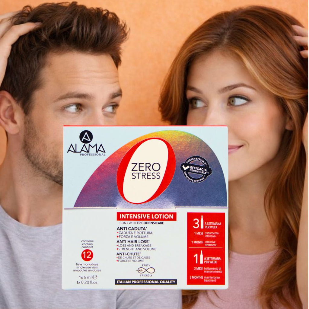 ALAMA PROFESSIONAL ZEROSTRESS - Kit Anticaduta Tutti i Tipi di Capelli | Shampoo 300ml + Balsamo 200ml + Lozione Fiale 12x6ml + Shampoo Secco 200ml