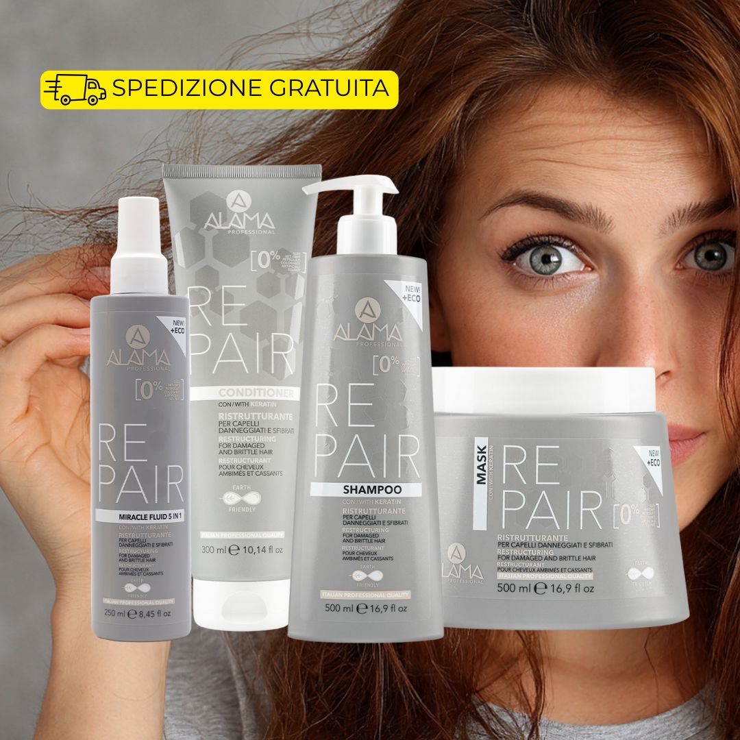 ALAMA PROFESSIONAL REPAIR - Kit Ristrutturante Capelli alla Cheratina | Shampoo 500ml + Balsamo 300ml + Maschera 500ml + Fluido 5in1 250ml