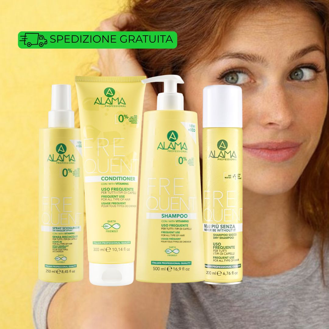 ALAMA PROFESSIONAL FREQUENT - Kit Uso Frequente Tutti i Tipi di Capelli | Shampoo 500ml + Balsamo 300ml + Shampoo Secco 200ml + Spray Scioglinodi 250ml