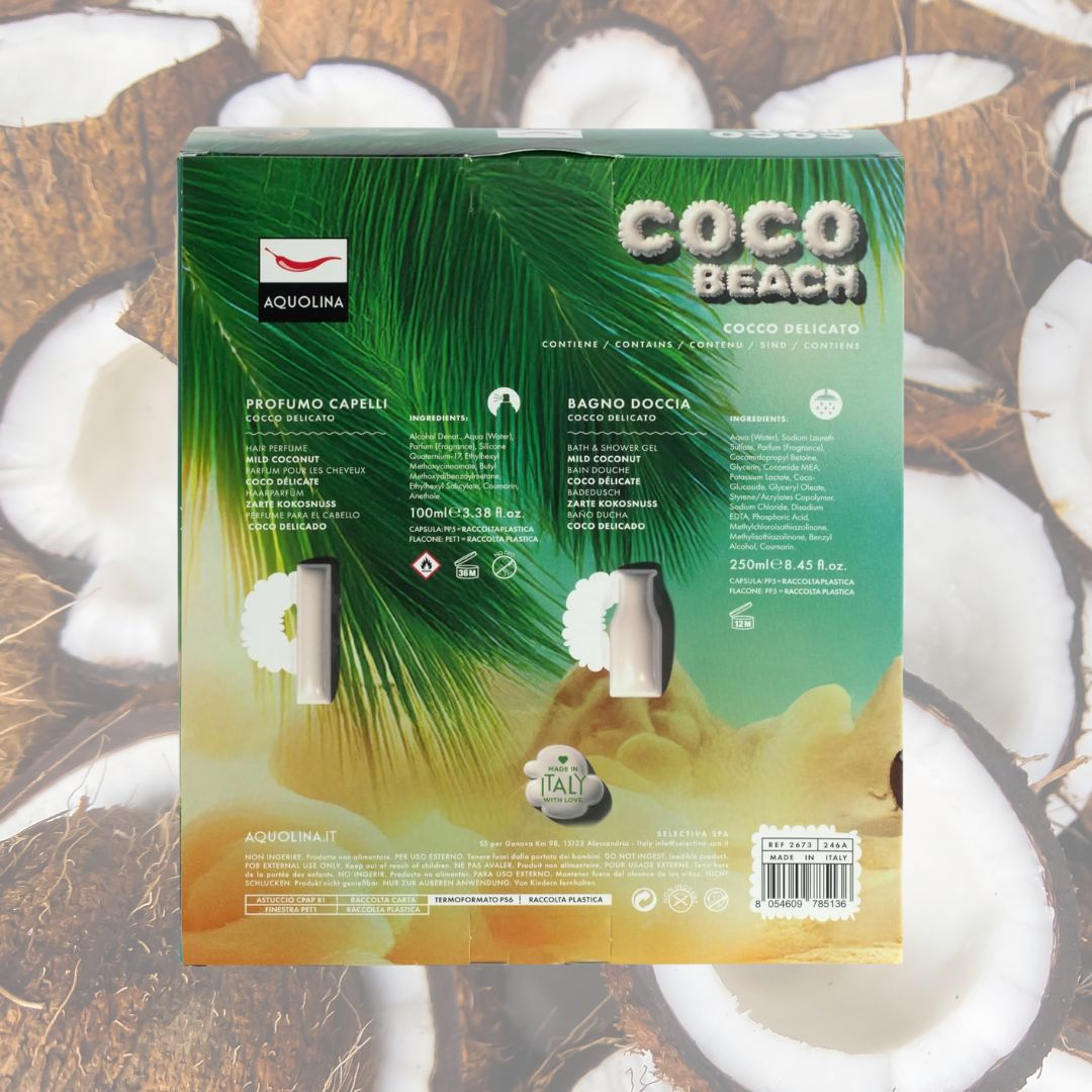 AQUOLINA COCCO DELICATO - Cofanetto Coco Beach | Profumo Capelli 100ml + Bagno Doccia 250ml