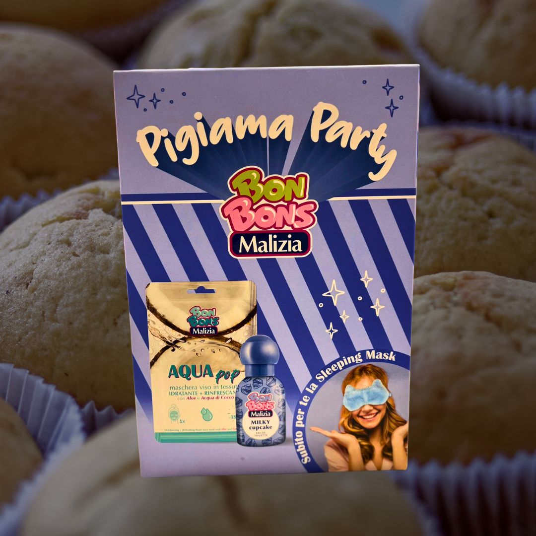 BON BONS MALIZIA MILKY CUPCAKE – Cofanetto Pigiama Party | Profumo 50 ml + Maschera Viso + Mascherina Notte