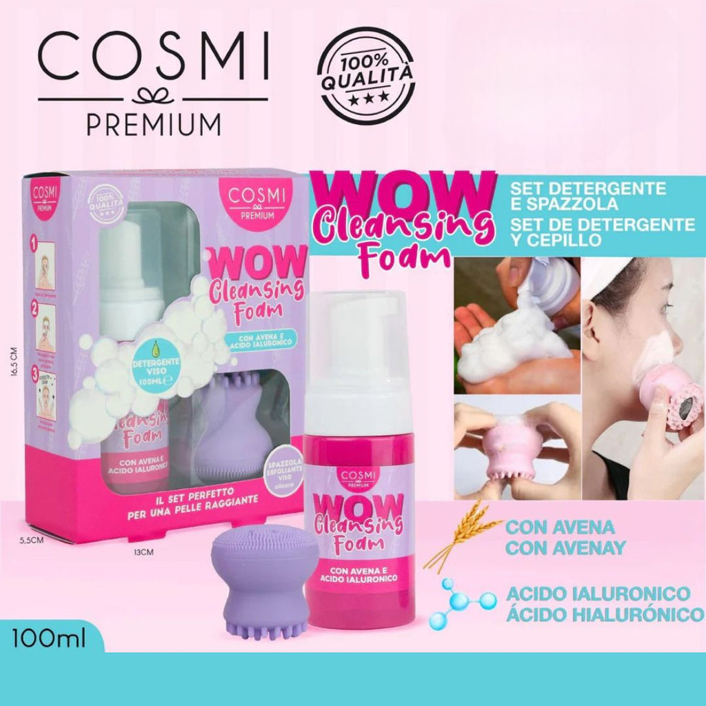WOW CLEANSING FOAM - Set Detergente Viso & Spazzola Esfoliante con Avena & Acido Ialuronico