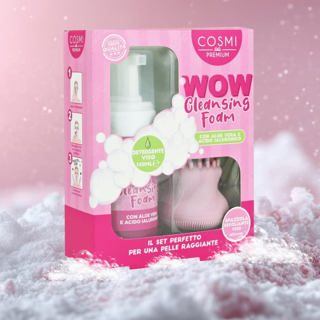 WOW CLEANSING FOAM - Set Detergente Viso & Spazzola Esfoliante con Aloe Vera & Acido Ialuronico