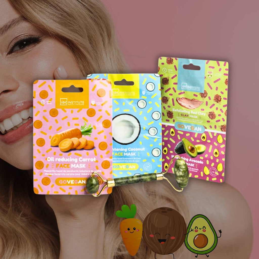 IDC GO VEGAN - 3 Maschere Viso + Rullo di Giada - Trattamento purificante, illuminante e rivitalizzante