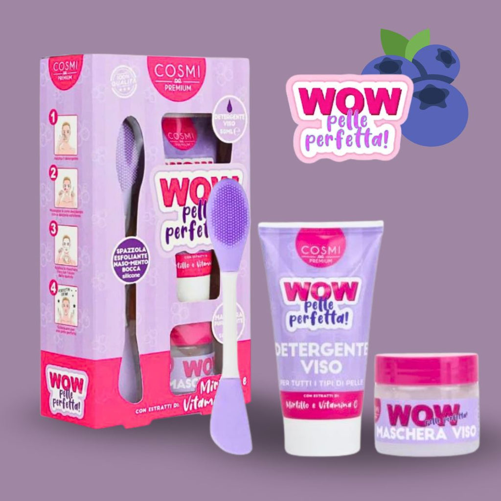 WOW PELLE PERFETTA MIRTILLO & VITAMINA C | Kit Trattamento Viso: Detergente Esfoliante & Maschera Purificante + Spazzola Silicone