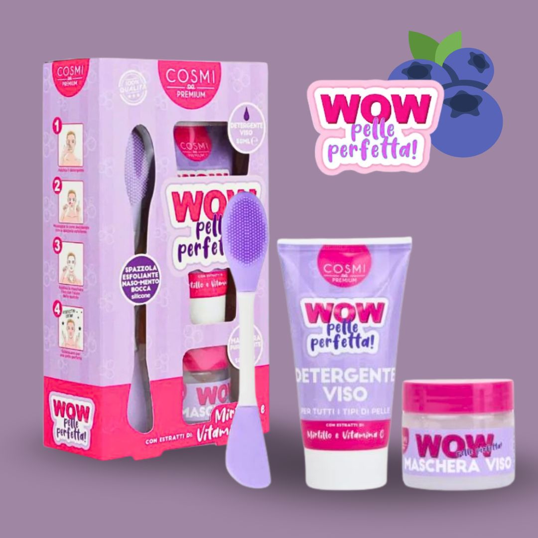 WOW PELLE PERFETTA MIRTILLO & VITAMINA C | Kit Trattamento Viso: Detergente Esfoliante & Maschera Purificante + Spazzola Silicone