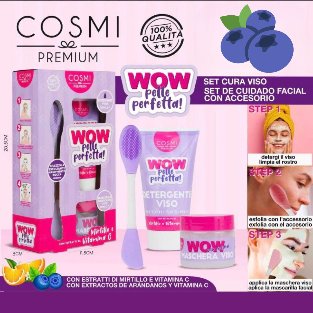 WOW PELLE PERFETTA MIRTILLO & VITAMINA C | Kit Trattamento Viso: Detergente Esfoliante & Maschera Purificante + Spazzola Silicone