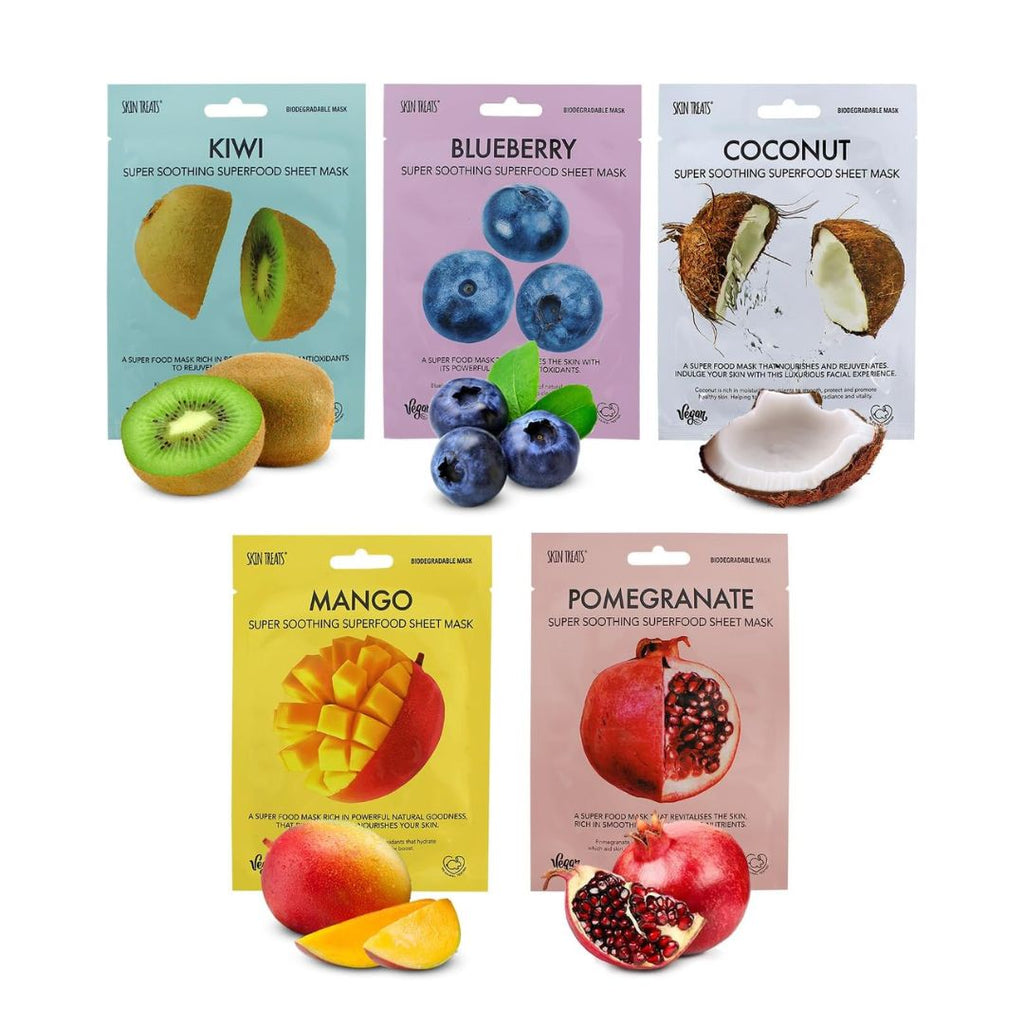 SET MASCHERE FRUTTA - Maschere viso al profumo melograno , mango , cocco , mirtilli e kiwi