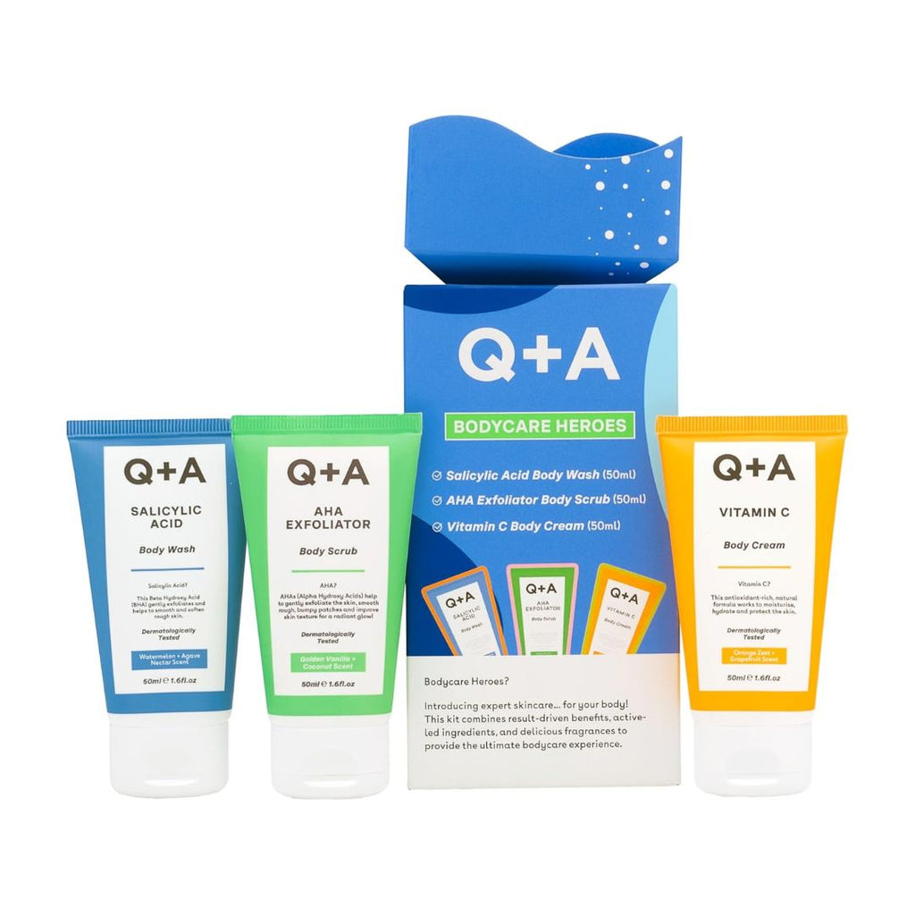 Q+A BODYCARE HEROES | TRAVEL-GIFT SET - Routine Skincare in 3 Fasi: Detergente Corpo , Scrub Esfoliante e Crema Corpo 50ml