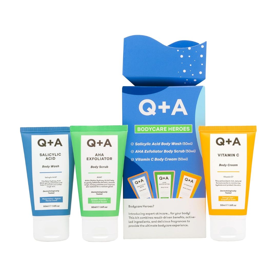 Q+A BODYCARE HEROES | TRAVEL-GIFT SET - Routine Skincare in 3 Fasi: Detergente Corpo , Scrub Esfoliante e Crema Corpo 50ml