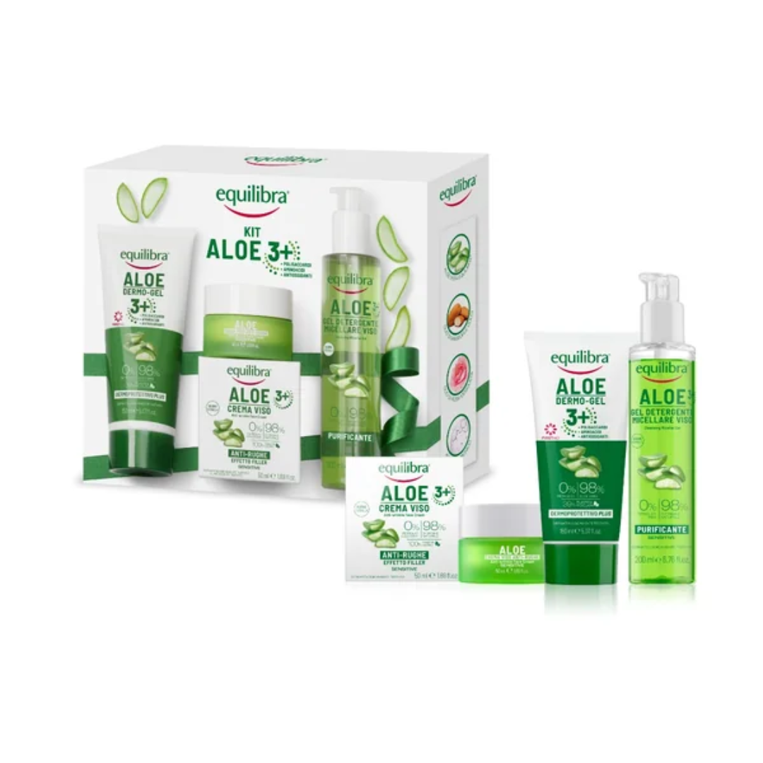 EQUILIBRA KIT ALOE - Gel Dermoprotettivo Plus 150 ml + Crema Viso Anti Rughe Effetto Filler 50 ml + Gel Detergente Micellare 200 ml