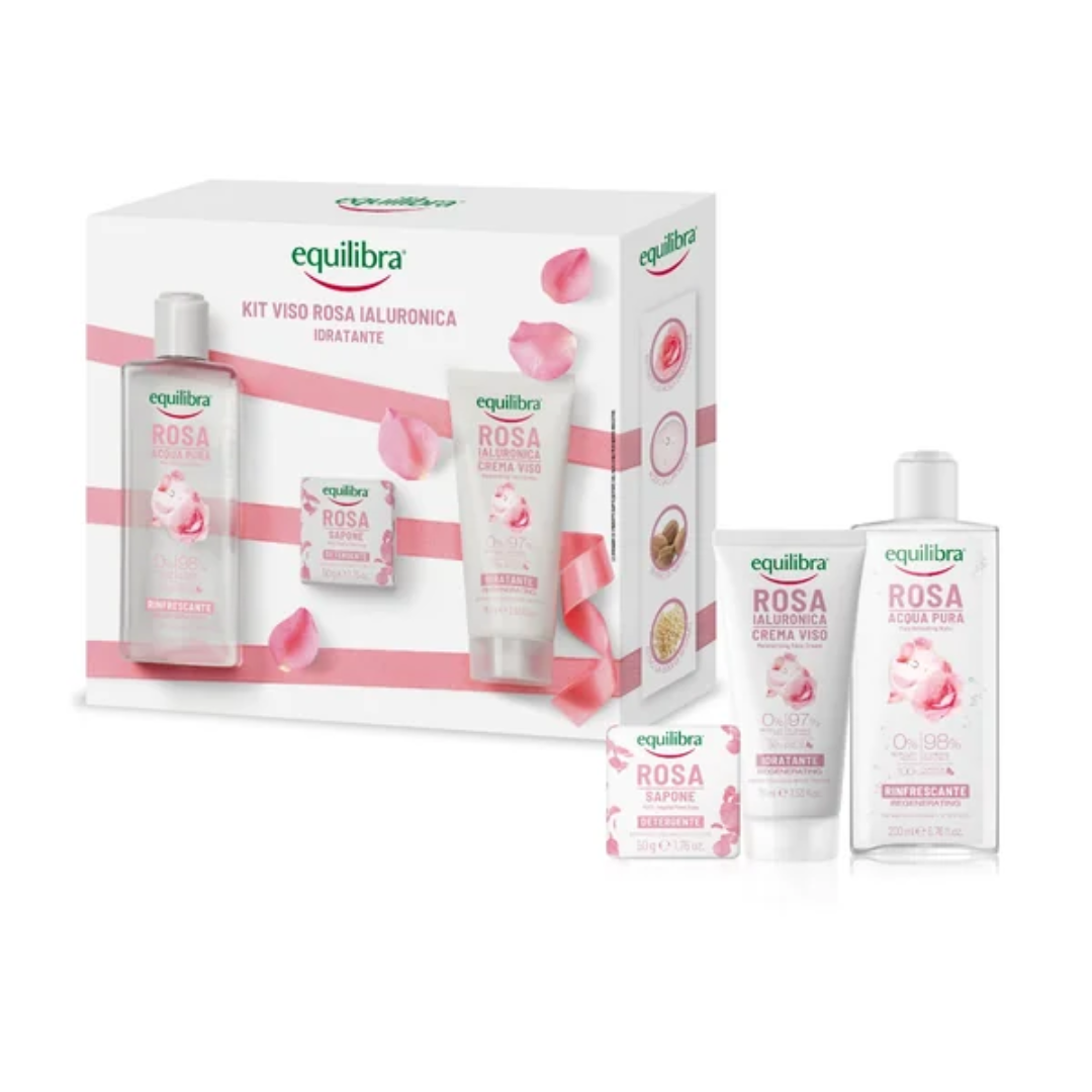 EQUILIBRA KIT ROSA - Rosa Ialuronica Idratante Acqua Pura Rinfrescante 200 ml + Sapone Detergente 50 g + Crema Viso Idratante 75 ml-