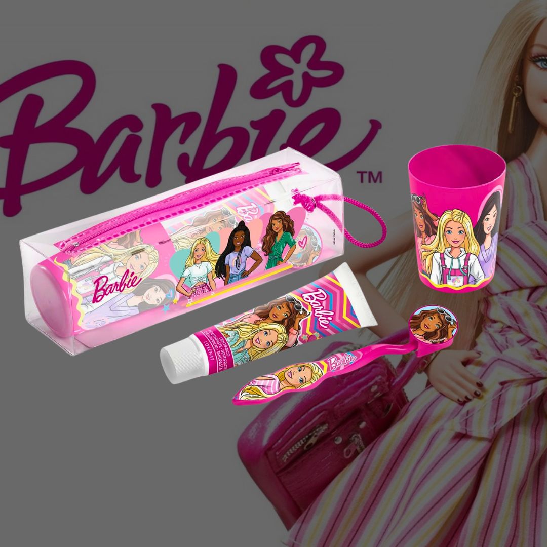 KIT IGIENE DENTALE BARBIE +3 – Dentifricio 75ml, Spazzolino, Bicchiere, Pochette
