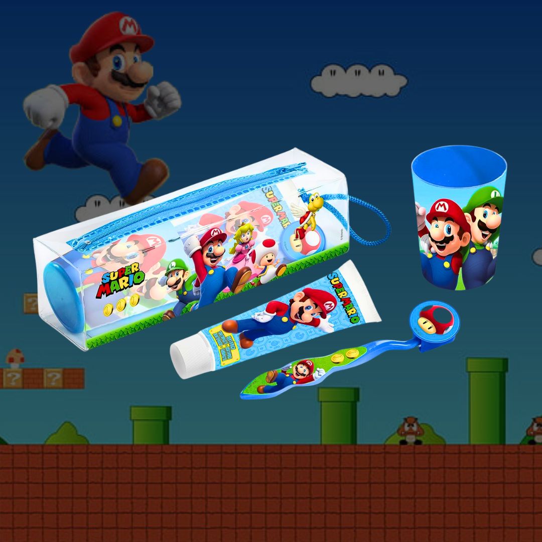 KIT IGIENE DENTALE SUPER MARIO +3 – Dentifricio 75ml, Spazzolino, Bicchiere, Pochette