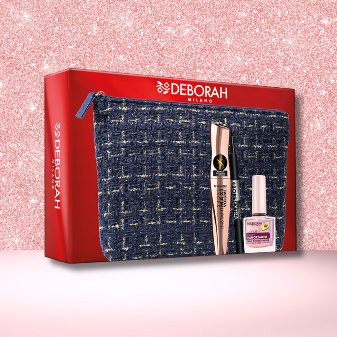 DEBORAH MILANO POCHETTE 06 | Mascara 24H Instant MaxiVolume con Ceramidi + Eyeliner 48H ExtraWaterproof + Smalto Rinforzatore