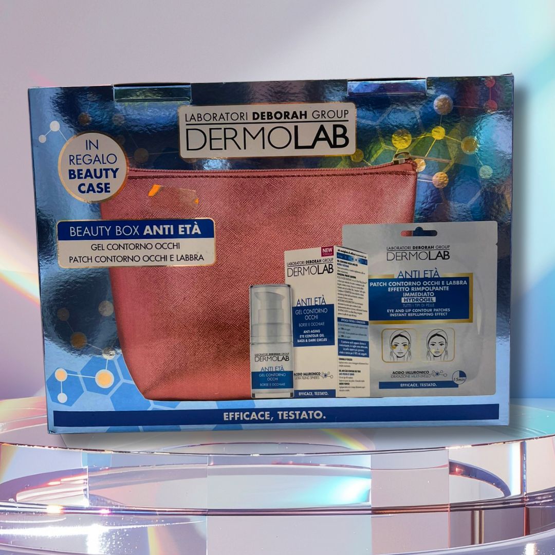 DERMOLAB BEAUTY BOX ANTI ETÀ | Gel Contorno Occhi + Patch Effetto Rimpolpante Occhi e Labbra + Beauty Case in Regalo