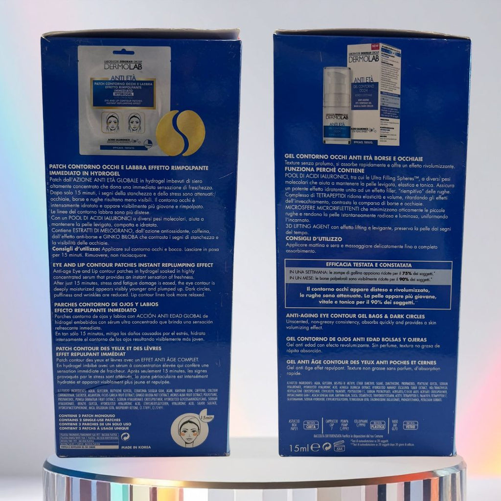 DERMOLAB BEAUTY BOX ANTI ETÀ | Gel Contorno Occhi + Patch Effetto Rimpolpante Occhi e Labbra + Beauty Case in Regalo