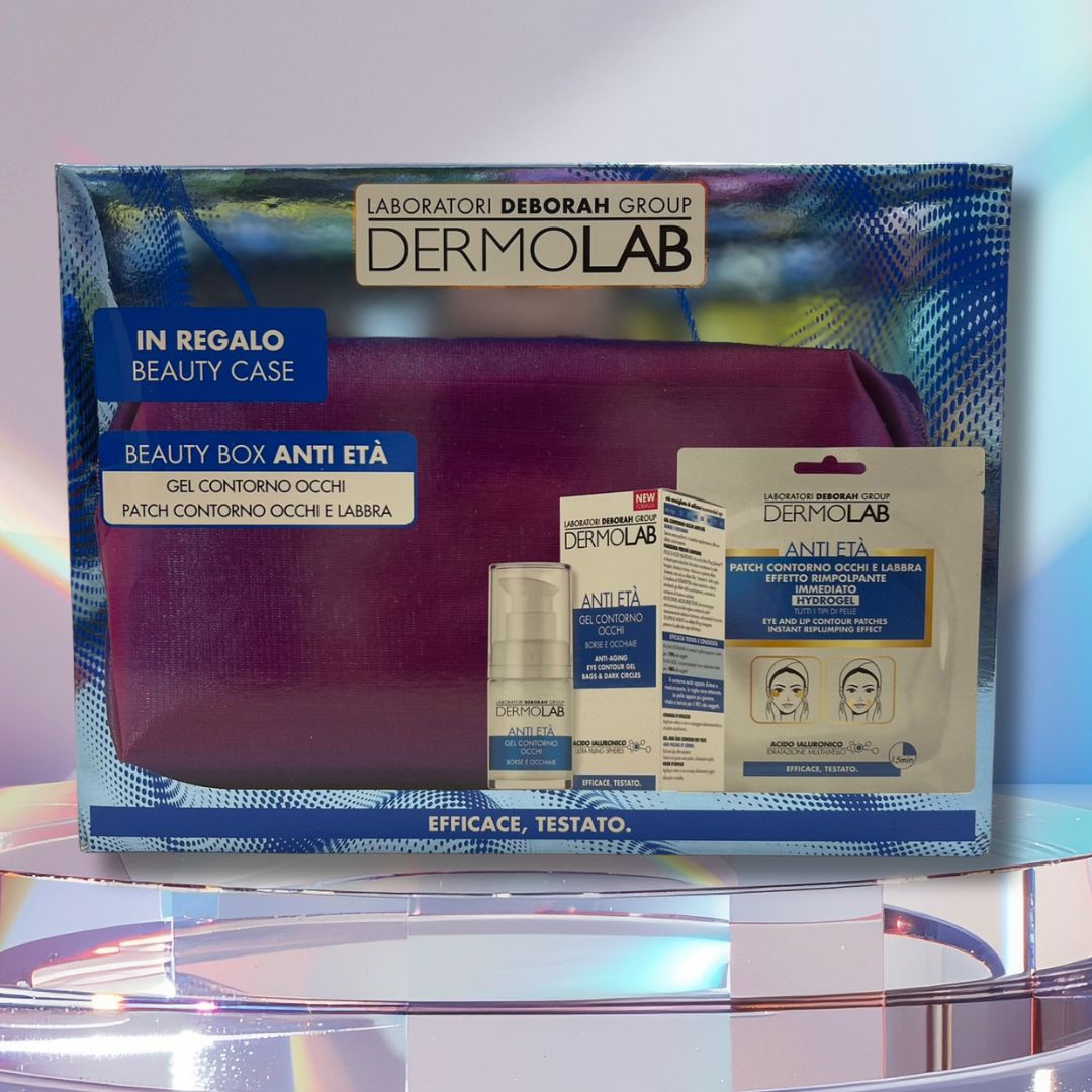 DERMOLAB BEAUTY BOX ANTI ETÀ | Gel Contorno Occhi + Patch Effetto Rimpolpante Occhi e Labbra + Beauty Case in Regalo