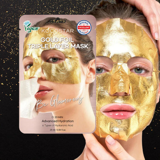 KOCOSTAR GOLD FOIL TRIPLE LAYER MASK - Maschera Viso Vegana Idratazione Profonda, Effetto Glow Immediato