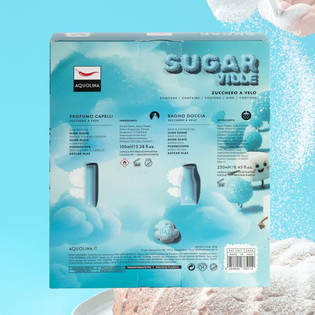 AQUOLINA ZUCCHERO A VELO - Cofanetto Sugar Ville | Profumo Capelli 100ml + Bagno Doccia 250ml