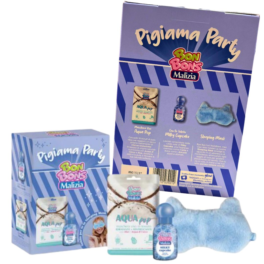 BON BONS MALIZIA MILKY CUPCAKE – Cofanetto Pigiama Party | Profumo 50 ml + Maschera Viso + Mascherina Notte