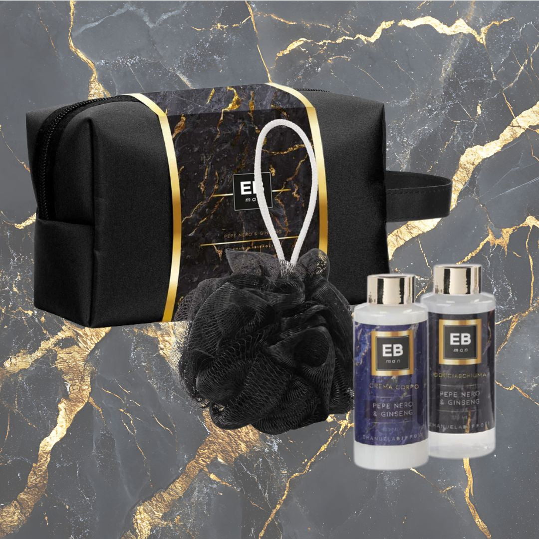 EMANUELA BIFFOLI SET CORPO UOMO - Pepe Nero & Ginseng | Gel Doccia 110ml + Crema Corpo 110ml + Spugna Bagno