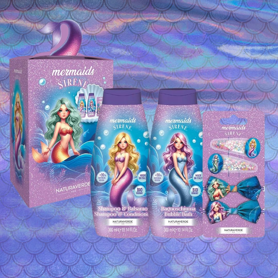 NATURAVERDE KIT BEAUTY SIRENE | Bagnoschiuma da 300ml + Shampoo & Balsamo da 300ml + Mollettine per Capelli