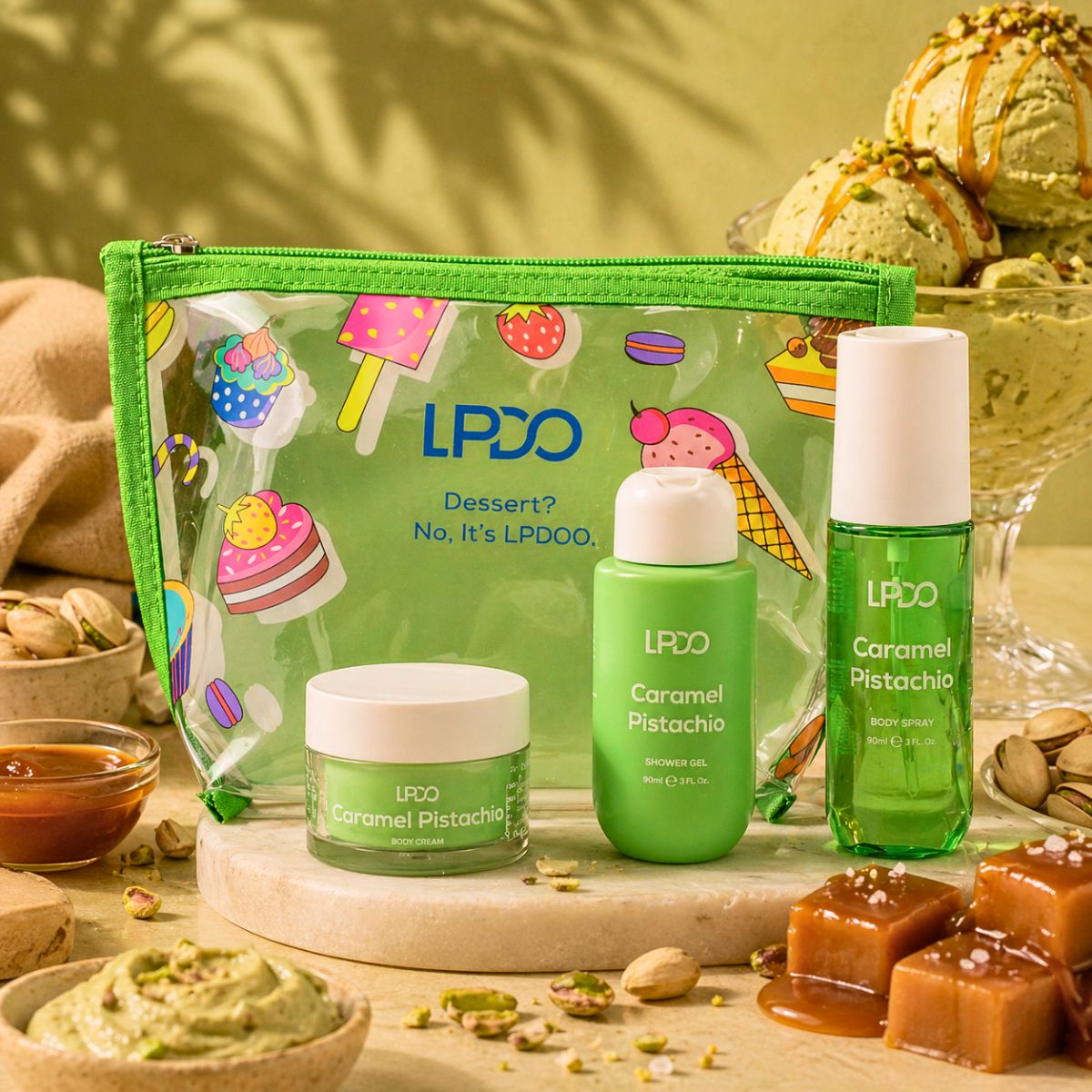 LPDO SUMMER KIT CARAMEL PISTACHIO - Body Spray 90ml + Shower Gel 90ml + Body Cream 50ml
