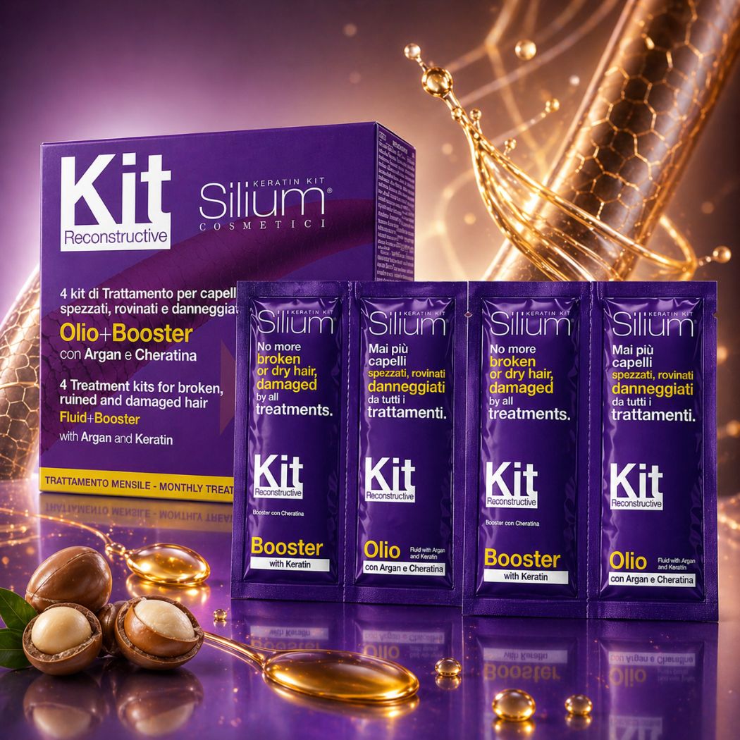 SILIUM KIT RECONSTRUCTIVE OLIO + BOOSTER ARGAN E CHERATINA - Trattamento Capelli Intensivo 4 Fiale