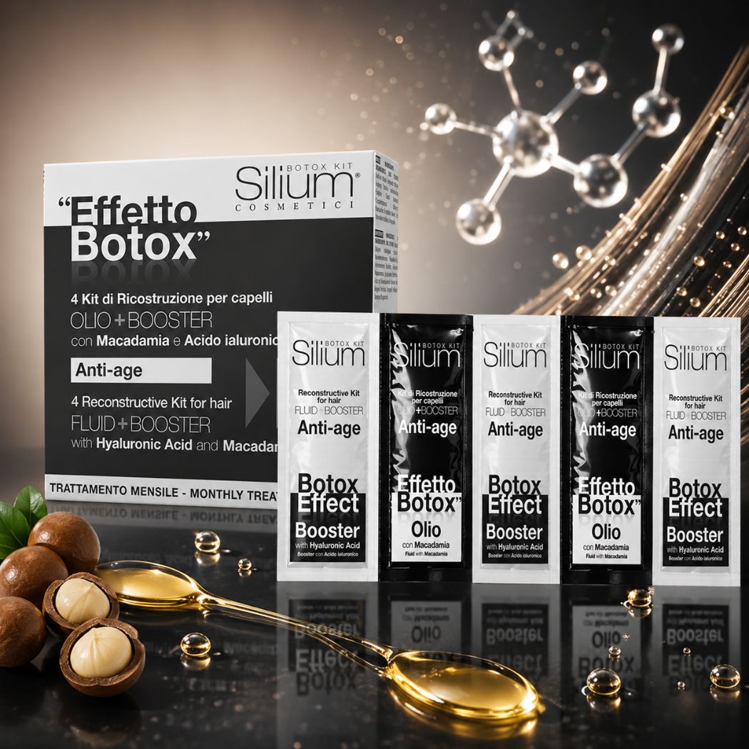 SILIUM KIT EFFETTO BOTOX OLIO + BOOSTER CON MACADAMIA E ACIDO IALURONICO – Trattamento Intensivo Capelli 4 Trattamenti