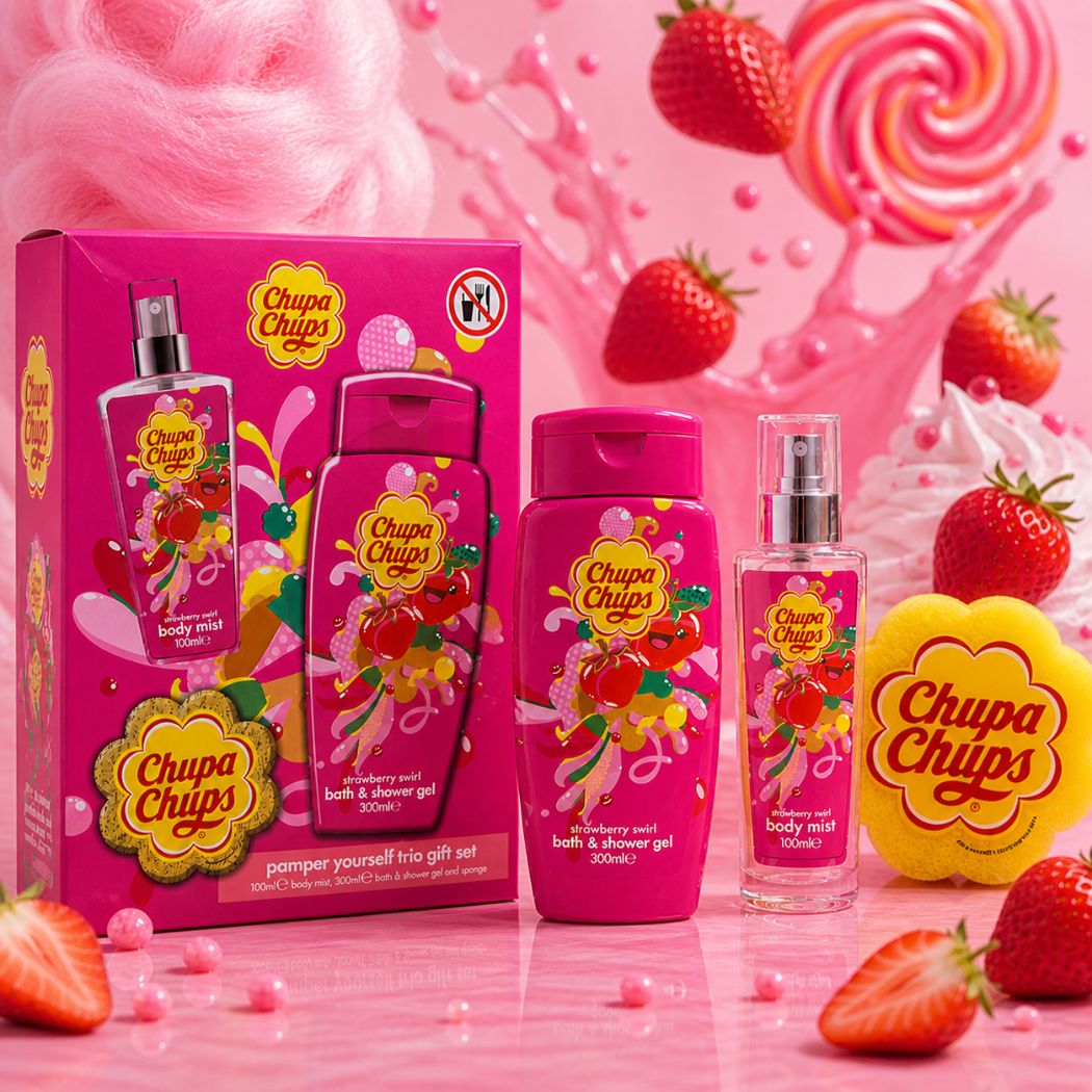 CHUPA CHUPS STRAWBERRY SWIRL – Pamper Yourself Trio Gift Set |Body Mist 100 ml - Bath & Shower Gel 300 ml - Spugna da bagno