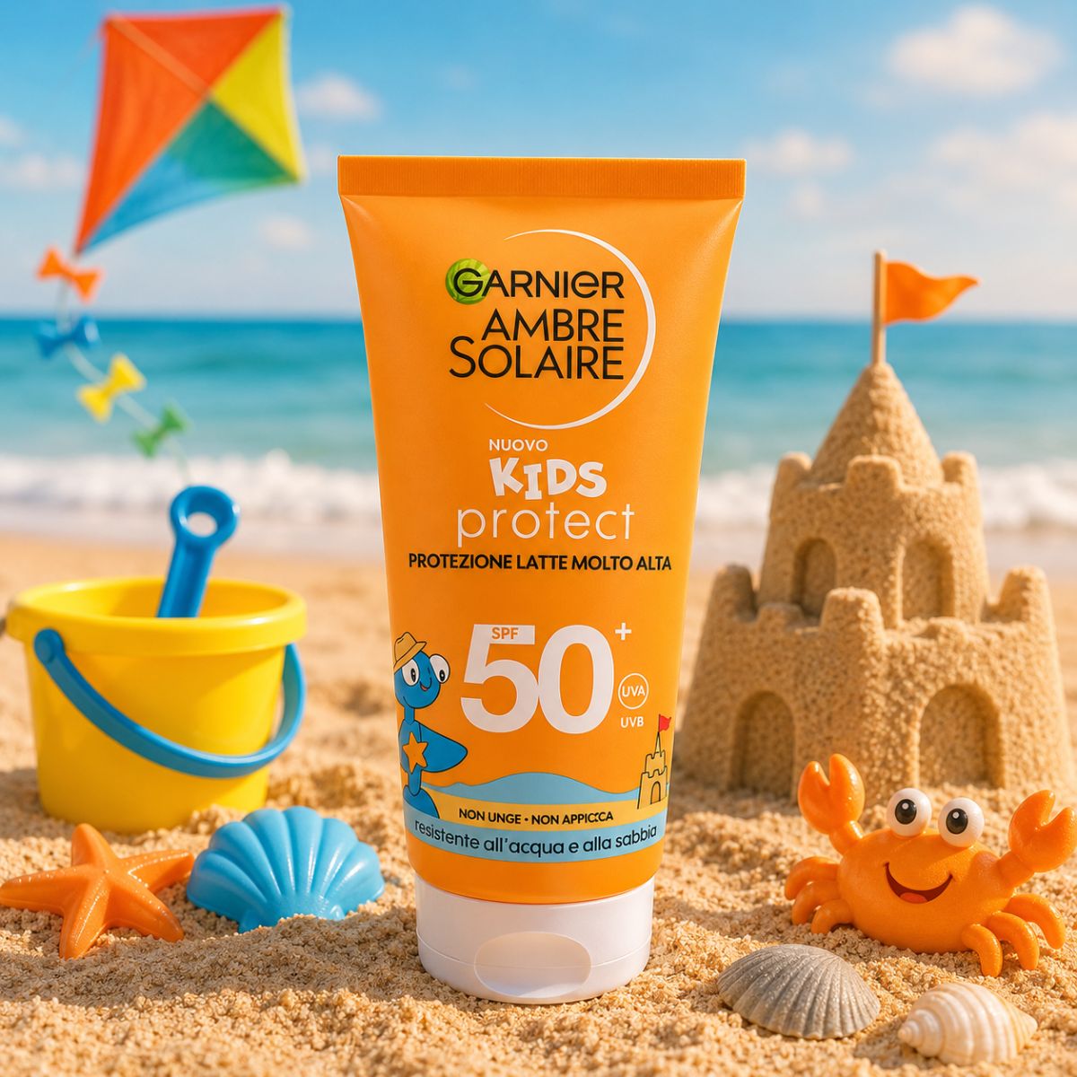 GARNIER AMBRE SOLAIRE CREMA SOLARE KIDS PROTECT SPF50+ - Resistente Ad Acqua e Sabbia 100ml - Liquidò