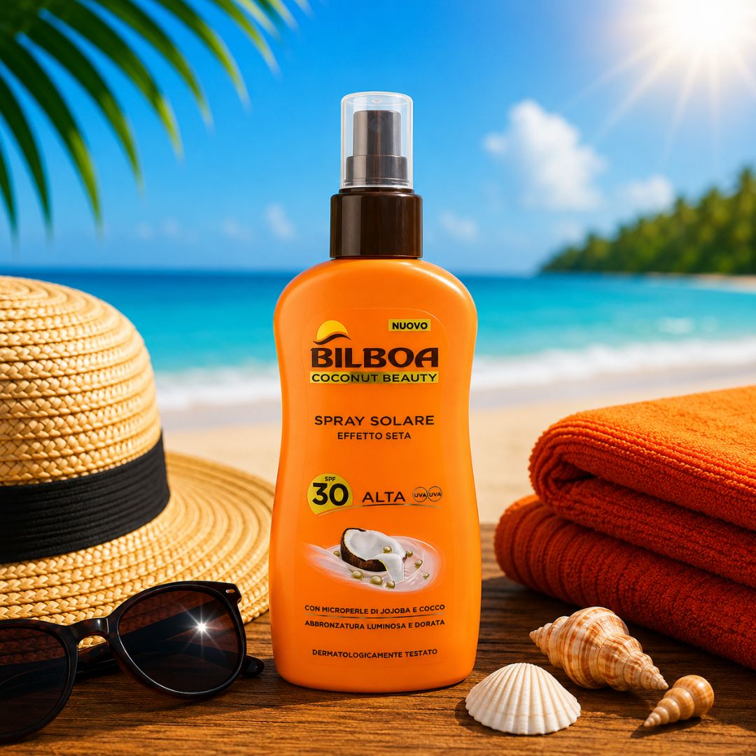 BILBOA COCONUT BEAUTY SPRAY SOLARE EFFETTO SETA SPF 30 - Con Microperle Di JoJoba e Cocco 200ml - Liquidò