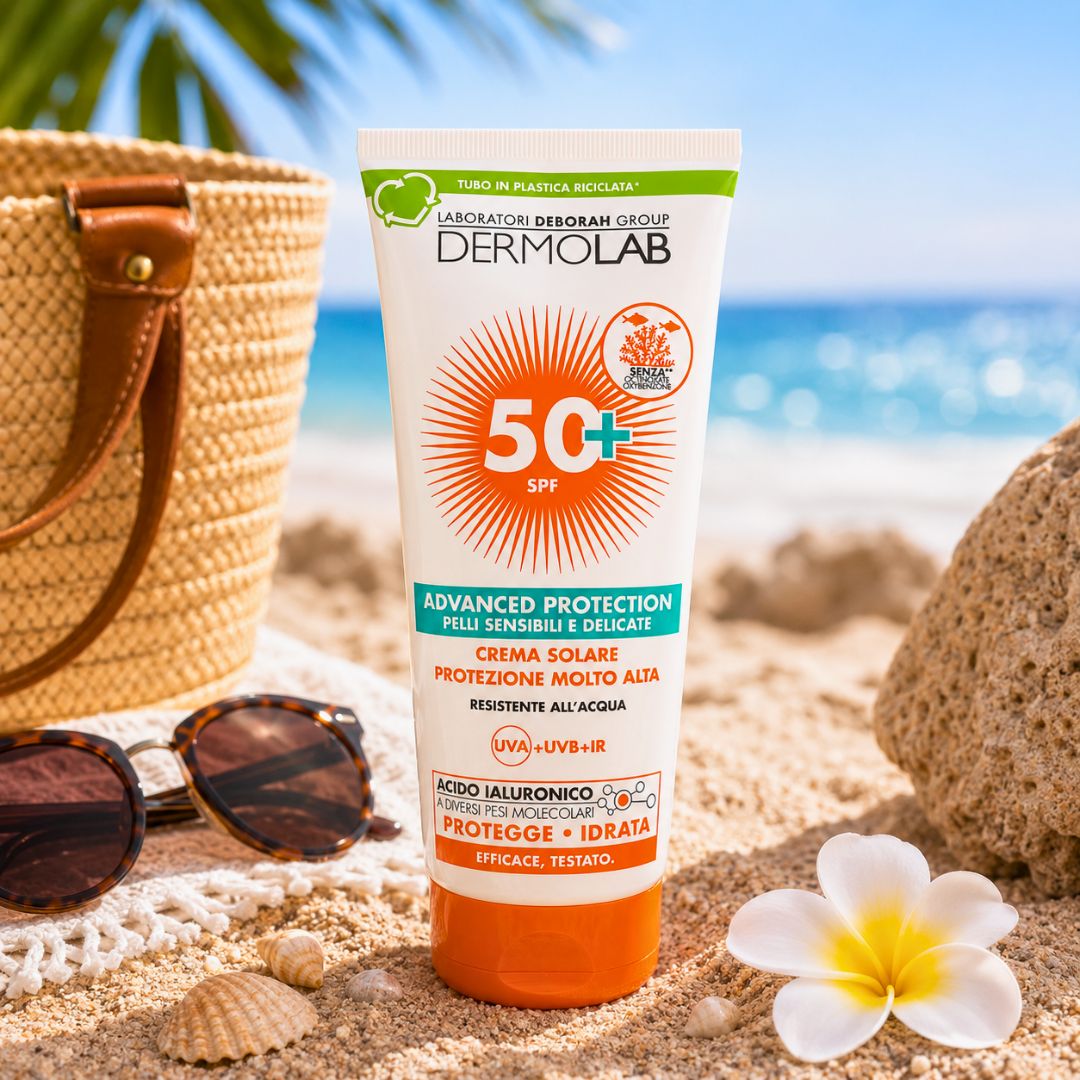 DERMOLAB ADVANCED PROTECTION CREMA SOLARE PROTEZIONE ALTA SPF50+ - Con Acido Ialuronico, Pelli Sensibili e Delicate 200ml - Liquidò