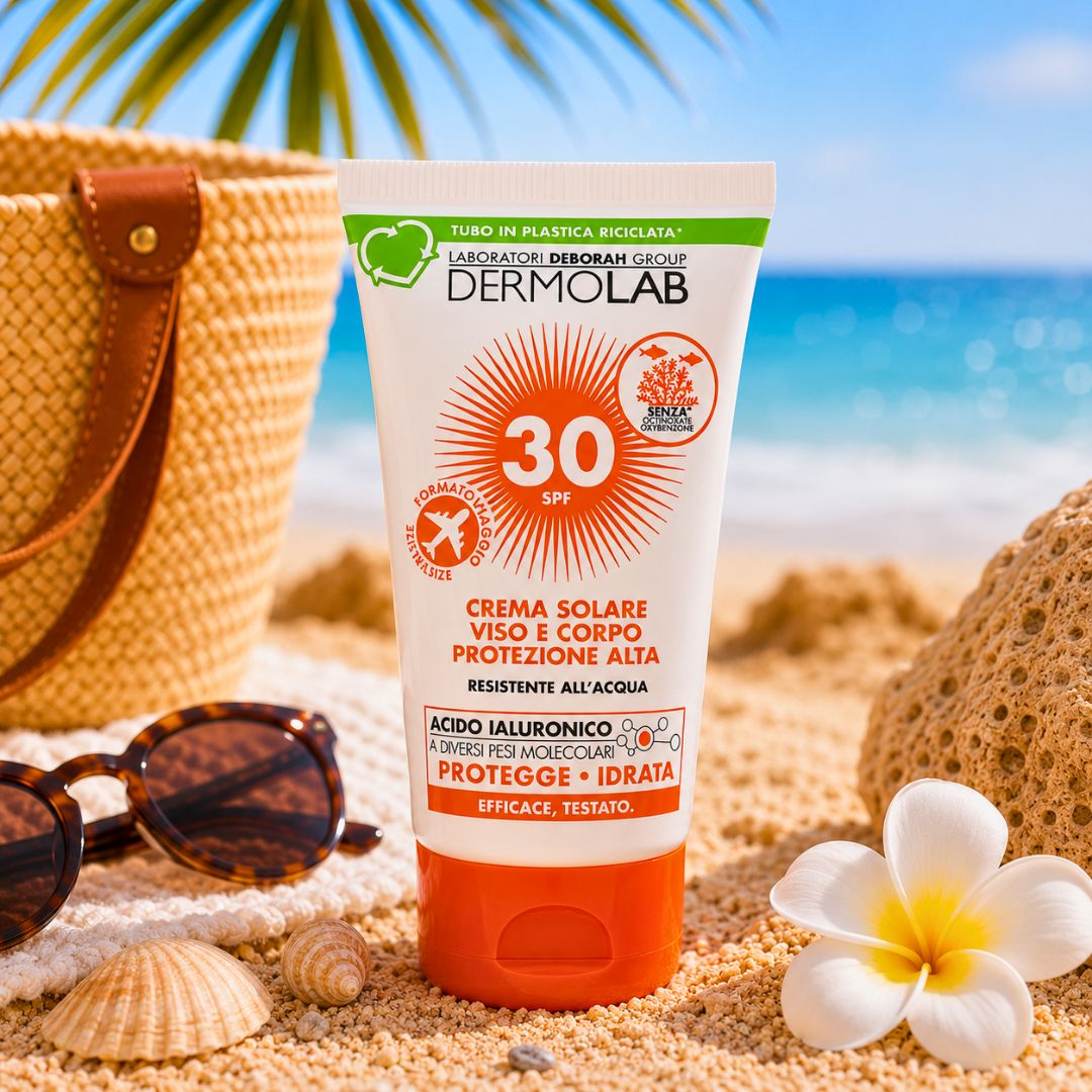DERMOLAB FORMATO VIAGGIO CREMA SOLARE PROTEZIONE ALTA SPF30 - Con Acido Ialuronico, Viso e Corpo 50ml