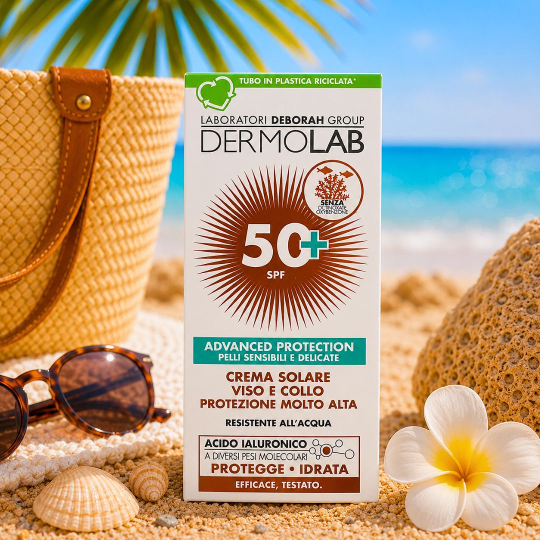 DERMOLAB ADVANCED PROTECTION CREMA SOLARE ANTIRUGHE PROTEZIONE ALTA SPF50+- Con Acido Ialuronico, Viso e Collo 50ml