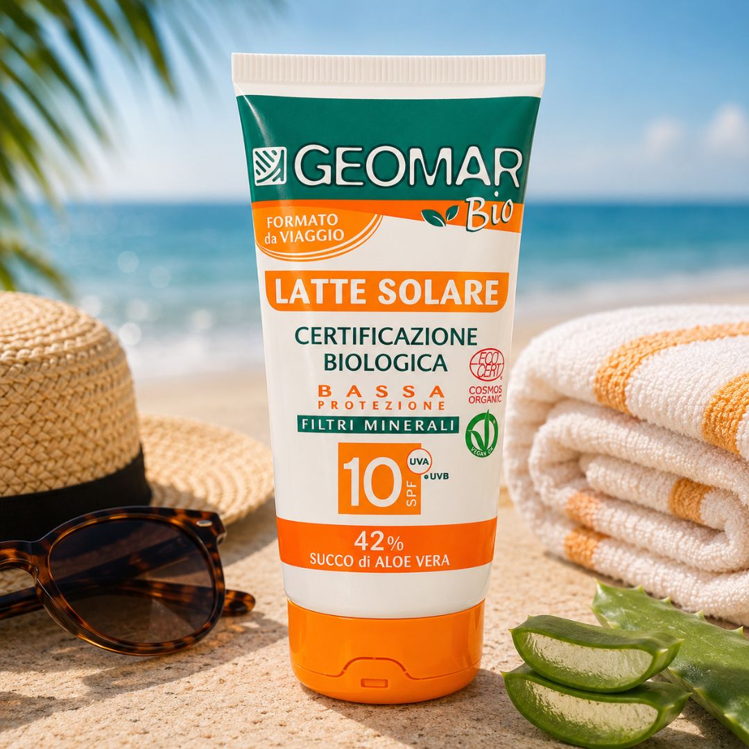 GEOMAR BIO LATTE SOLARE SPF 10 - Con Succo Di Aloe Vera, Formato Viaggio 100ml - Liquidò
