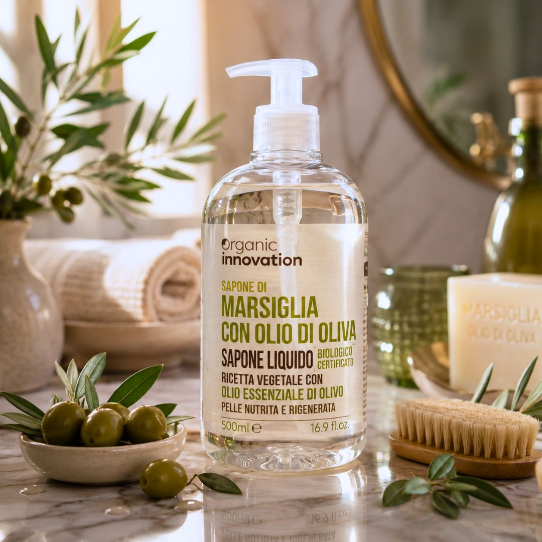 ORGANIC INNOVATION SAPONE LIQUIDO MARSIGLIA CON OLIO DI OLIVA - Detergente Mani, Viso e Corpo 500ml