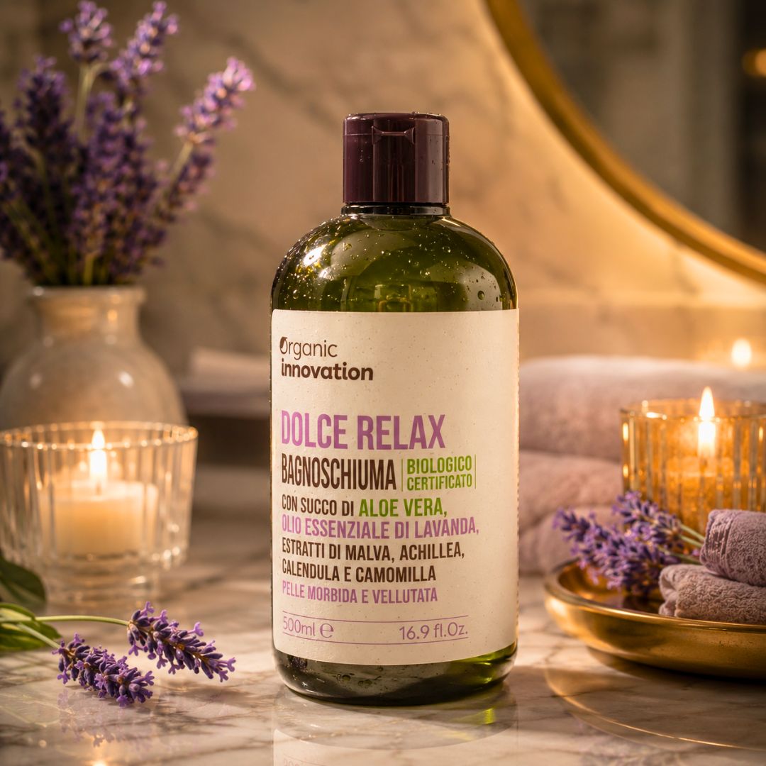 ORGANIC INNOVATION BAGNOSCHIUMA DOLCE RELAX - Aloe Vera & Lavanda, Pelle Morbida e Vellutata 500 ml