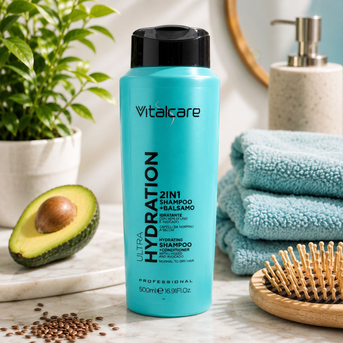 VITALCARE PROFESSIONAL ULTRA HYDRATION 2IN1 SHAMPOO+BALSAMO IDRATANTE - Con Semi Di Lino e Avocado 500ml