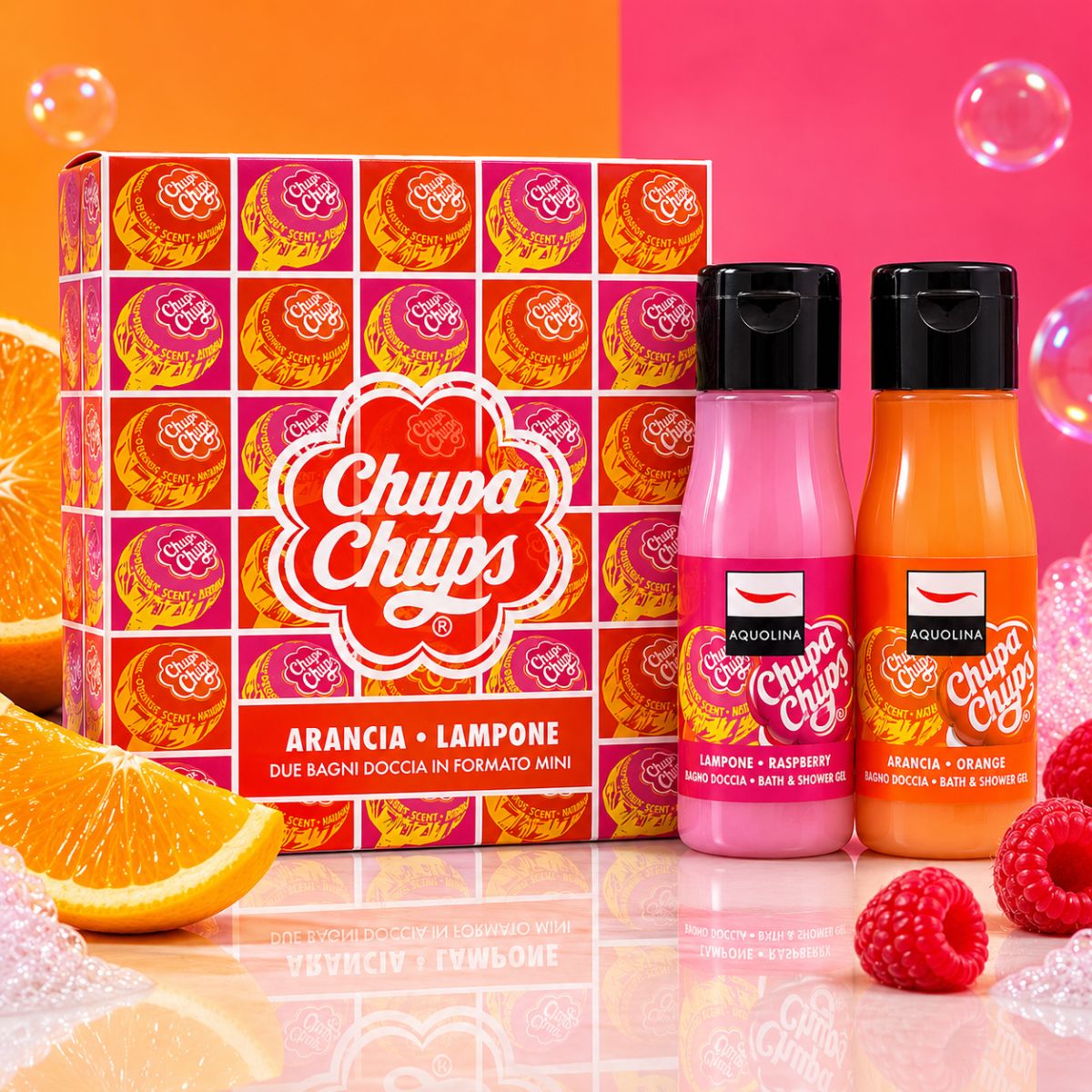 AQUOLINA CHUPA CHUPS ARANCIA & LAMPONE GIFT SET - Cofanetto Regalo Bagno Doccia 2 x 125ml